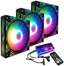 Load image into Gallery viewer, COOLMOON Billow 120mm Adjust RGB Computer Case PC Cooling Fan RGB Quiet with IR Remote New Computer Cooler RGB CPU Case Fan Three in One (3 Pcs with Controller Kits &amp; add on RGB Light Strip )
